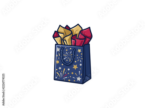Festive Dark Blue Gift Bag With Red Gold Tissue Paper Stars And Fireworks Vector Illustration