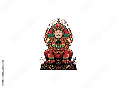 Colorful Festive Sphinx With Ceremonial Headdress Flames Fireworks And Decorated Base Vector Illustration