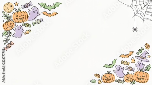 Cute Halloween corner border with pumpkins ghosts and autumn leaves
