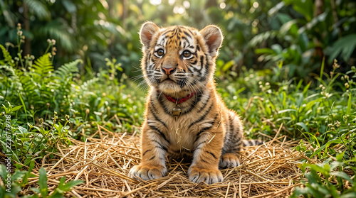 Tiger cub sitting on straw among plants in a zoo enclosure during daylight