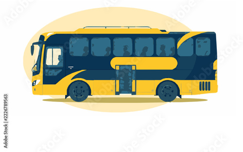 City Tour Bus Flat Vector Illustration with Rounded Shapes in Golden Yellow and Navy Blue Palette, Circular Frame, Limited Color Palette, Modern Travel Design
