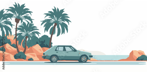 Classic Car on a Coastal Road Flat Vector Illustration in Teal and Coral Colors, No Outlines, Plain White Background, Clean Minimalist Automotive Design