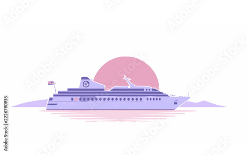 Cruise Ship at Sunset Flat Minimal Vector Illustration, Elegant Ocean Liner in Soft Pink and Lavender Colors, Minimalist Nautical Travel Artwork on a Plain White Background, Clean Modern Cruise Vacati