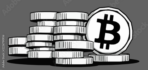 Crypto Coin Stack Flat Cartoon Vector Illustration, Black and White Cryptocurrency Coins with a Single Accent Color, Close-Up Composition with Simple Geometric Shapes, Minimalist Digital Currency and 