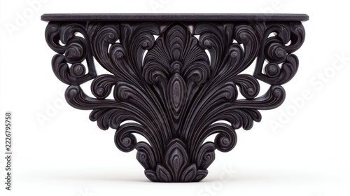 Ornate black carved wooden wall console shelf with intricate baroque swirl patterns, isolated on a plain white background.Interior design blogs, home decor e-commerce stores, vintage and gothic 
