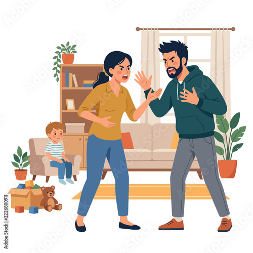 Angry Couple Arguing, Sad Child Watching, Family Conflict, Domestic Dispute