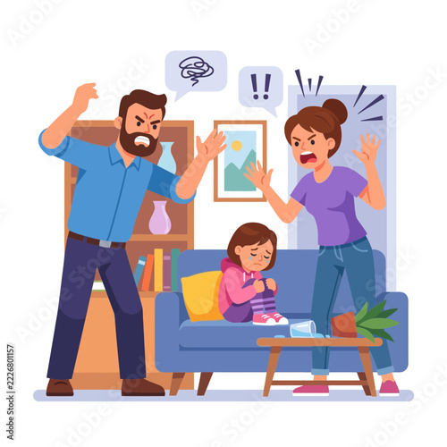 Family Conflict: Parents Arguing, Child Crying on Sofa, Emotional Distress