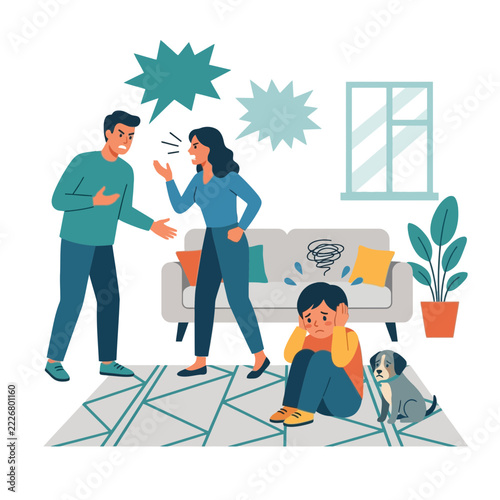 Family Conflict: Parents Arguing, Child Distressed, Dog Watching, Isolated