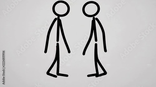 Minimalist stick figure animation of two characters meeting and waving hello