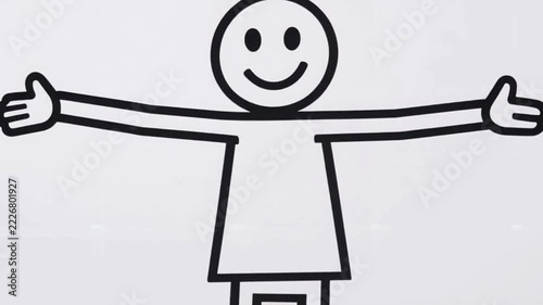 Clean minimalist stick figure animation of social welcome, flat vector style