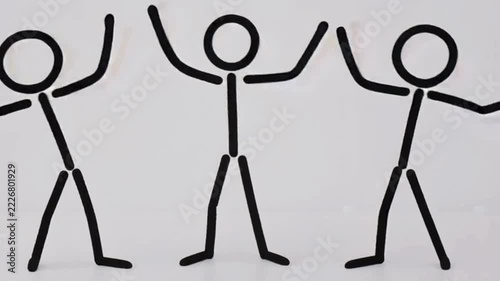 Minimalist stick figure animation of characters celebrating together on a white background