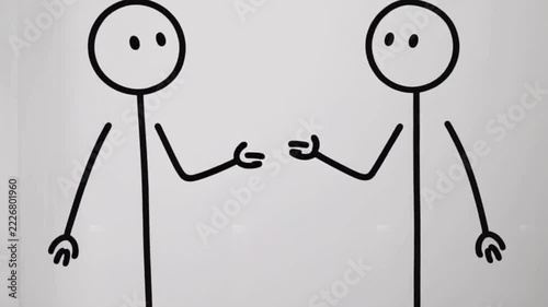 Minimalist stick figure animation of a discussion moment against a clean white background