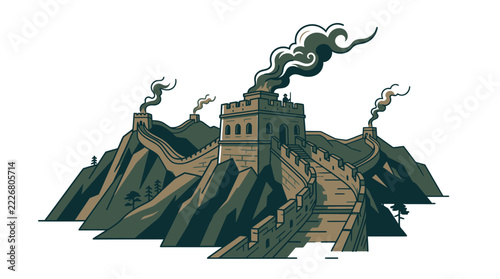 Modern vector illustration of the Great Wall of China featuring iconic beacon towers with smoke rising over green mountain ridges, historic Chinese landmark architectural design for travel themes.