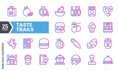 Collection of diverse food and dining service vector outline icons with modern gradient colors