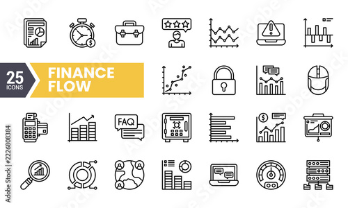 Set of finance flow line icons. featuring business analytics. digital security. and transaction symbols