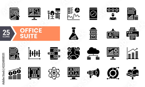 Flat glyph icons for office suite. business. data analysis. technology. and finance.