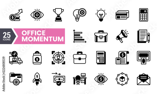 Collection of flat office and business icons symbolizing financial growth. innovation. and corporate success