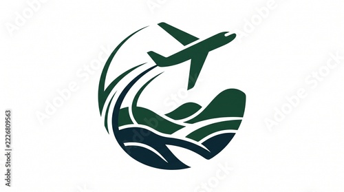 Minimalist airplane silhouette icon with stylized landscape for travel