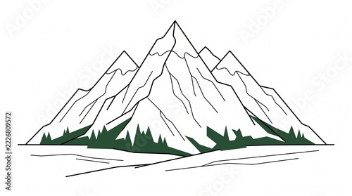Minimalist line art illustration of snowy mountain range with forest