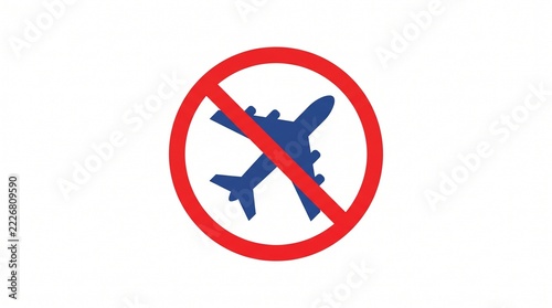 Blue airplane icon inside red circular prohibition sign on white