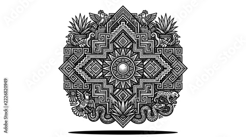 The Image Is A Black And White Illustration Of A Mandala-like Design The