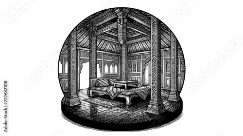 The Image Is A Black And White Illustration Of A Room With A Circular
