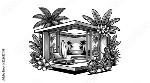 The Image Is A Black And White Illustration Of A Small Gazebo In The