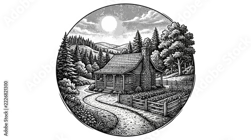 The Image Is A Black And White Illustration Of A Small Cabin In The Middle