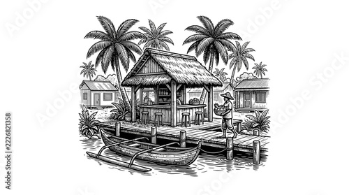 The Image Is A Black And White Illustration Of A Small Hut On A Wooden