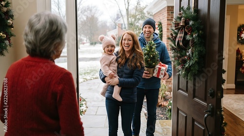 Smiling multi generational family members gather at an open front door to welcome visitors inside their warm suburban home during bright afternoon sunlight capturing heartwarming connection and joy