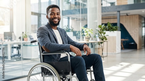 Confident disabled African American male professional in wheelchair portrait at modern workplace