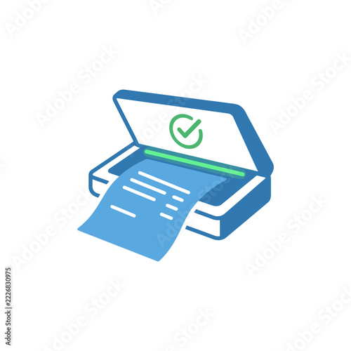 Modern Flat Scanner Printer Icon with Document and Green Success Checkmark