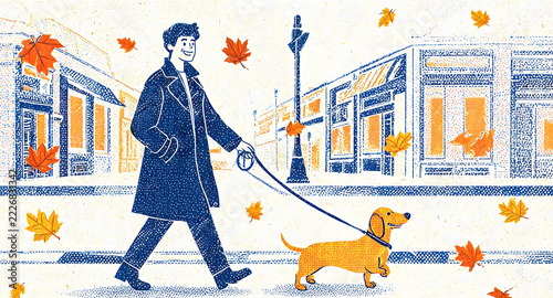 Vintage retro illustration of a man walking his dachshund dog on autumn city street with falling maple leaves