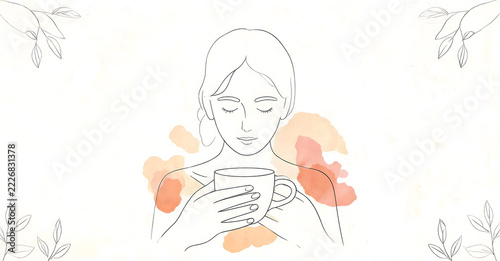 Minimalist line art illustration of a peaceful woman holding a warm cup of coffee with soft watercolor splashes