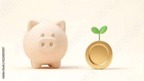 Cute 3D piggy bank sitting next to a gold coin with green sprout, financial investment and money growth concept