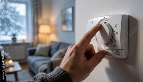 Person adjusting thermostat on wall control panel in cozy living room