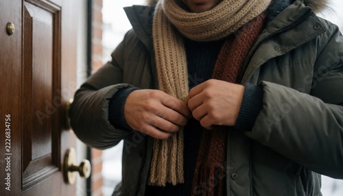 Woman Wearing Warm Coat and Scarf Unlocking Door on Cold Day