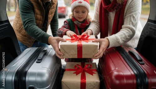 Family Holiday Gift Exchange with Luggage and Presents in Car Trunk