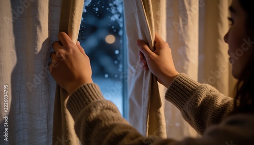 Person Opening Curtains at Nighttime, Looking Outside, Cozy Indoor Scene