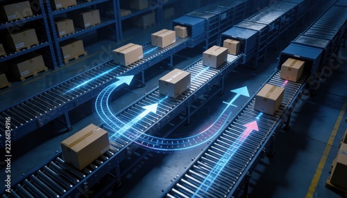 Automated Warehouse Conveyor System with Digital Data Overlay and Logistics Flow