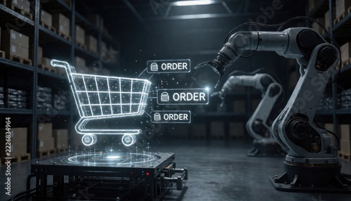 Advanced robotic arm managing digital shopping cart icons in futuristic warehouse