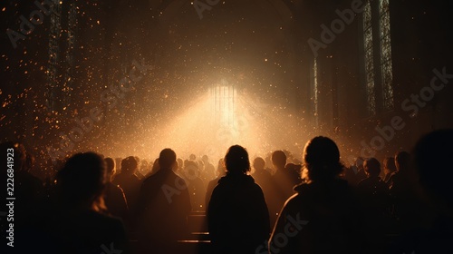 Faith in Miracles as Hopeful Crowd Witnesses Radiant Divine Light Inside a Mysterious Gothic Church