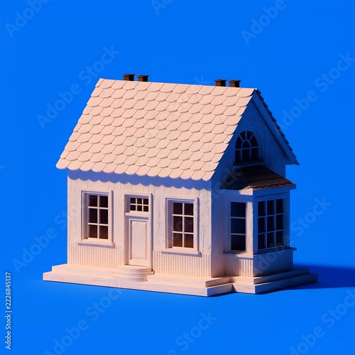 Miniature House Model on Bright Blue Background