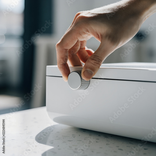 Hand Adjusting Control Knob on a White Household Appliance
