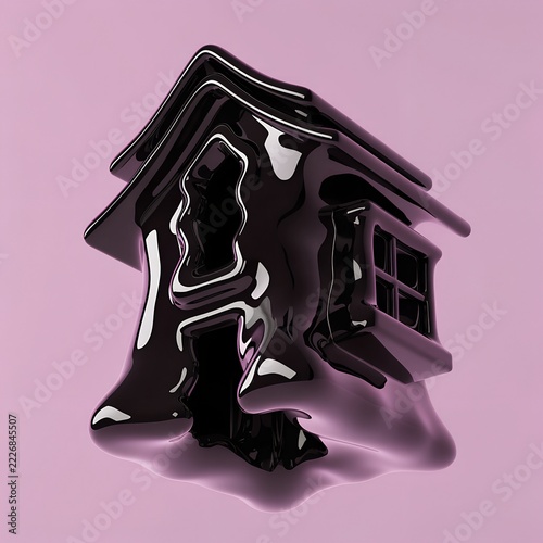 Glossy Black Abstract House Sculpture on Pink Background