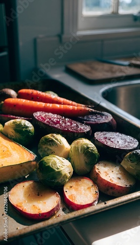 Roasted Vegetables and Sausages on Baking Tray