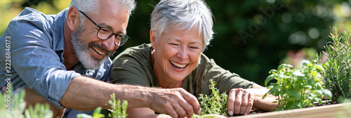 Elderly couple shares joyful moment tending garden. Both laugh as they care for fresh herbs together. Natural light highlights their happy, relaxed expressions. Image evokes warmth, companionship