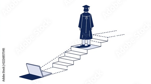 Education and career path: student in graduation gown stands on steps leading up from computer
