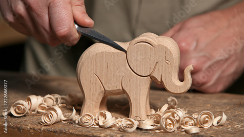 Person carving wooden elephant figurine on workbench with wood shavings  