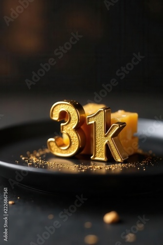 Single golden date on black plate, soft focus background, light, macro, black